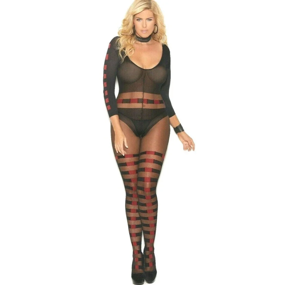 Long Sleeve Bodystocking Sheer and Opaque Women One Size OS Body Stocking